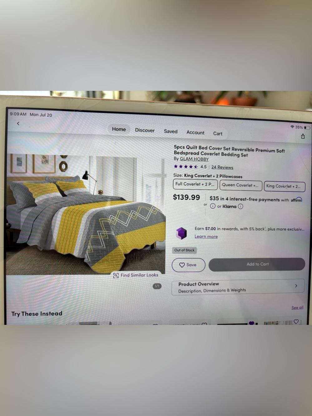 5 pc Reversible Yellow and Gray Quilted Bed Cover Set